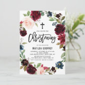 Boho Burgundy Watercolor Floral Wreath Christening Einladung (Stehend Vorderseite)