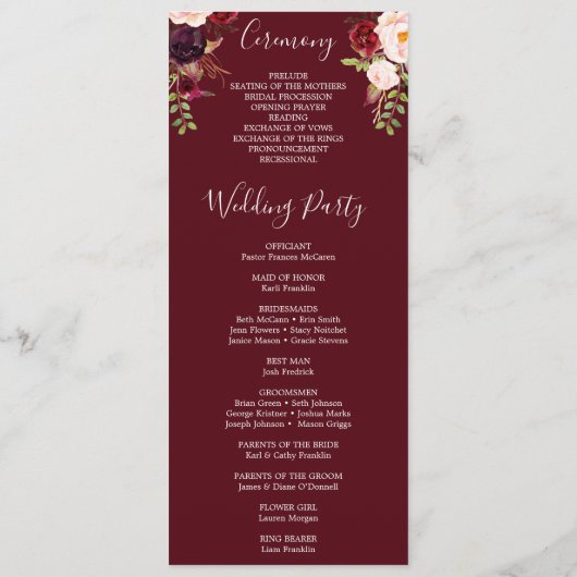 Boho Burgundy Wedding Program Programm (Rückseite)