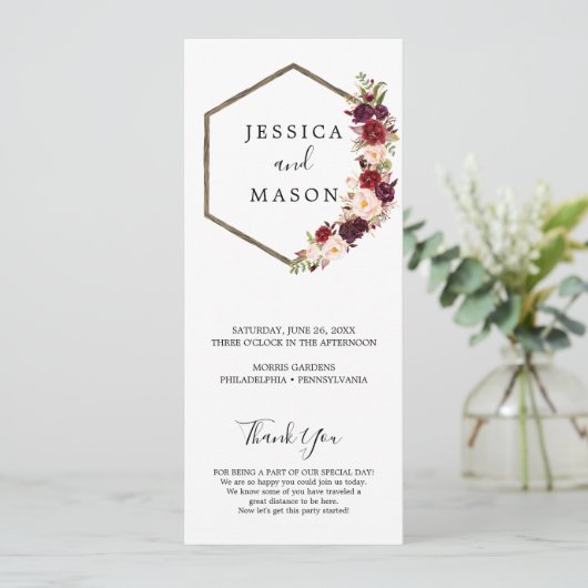 Boho Burgundy Wedding Program Programm (Stehend Vorderseite)