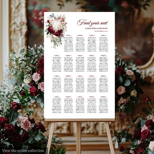 Boho Burgundy White Floral Wedding Chart Poster