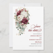 Boho burgundy White gold Blumenkarte Save the Date Einladung (Vorderseite)