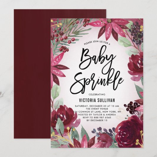 Boho Burgundy Winter Floral Baby Showküche Einladung (Vorne/Hinten)