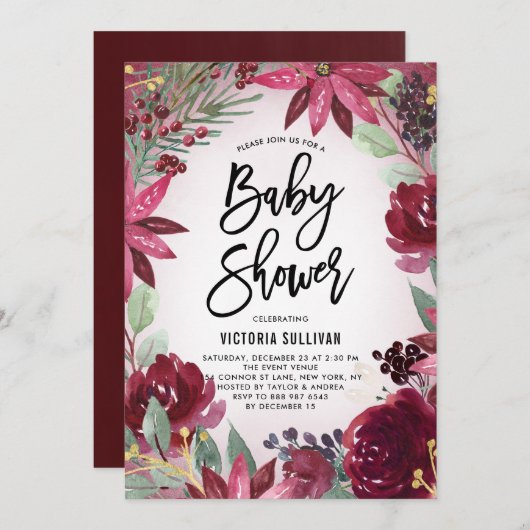 Boho Burgundy Winter Floral Frame Baby Dusche Einladung (Vorne/Hinten)