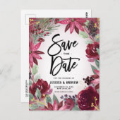 Boho Burgundy Winter Floral Frame Save the Date Postkarte (Vorne/Hinten)
