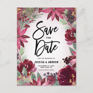 Boho Burgundy Winter Floral Frame Save the Date Postkarte