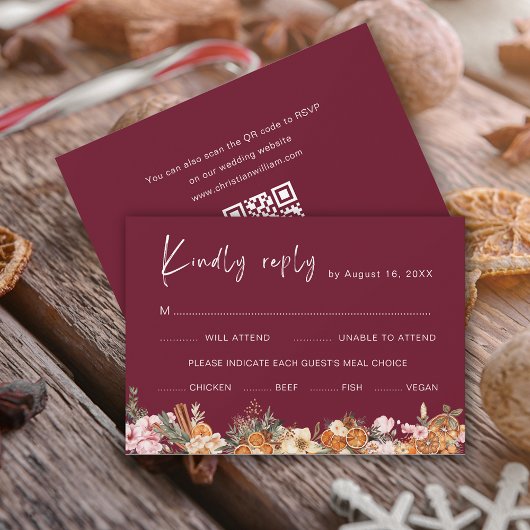 Boho Burgundy Winter Holiday Wedding QR Code RSVP Karte