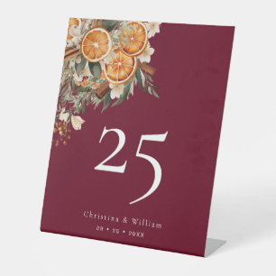 Boho Burgundy Winter Holiday Wedding Tischnummer Sockelschild