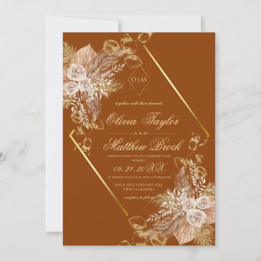 Boho Burn Orange Diamond Gold Wedding Einladung (Vorderseite)