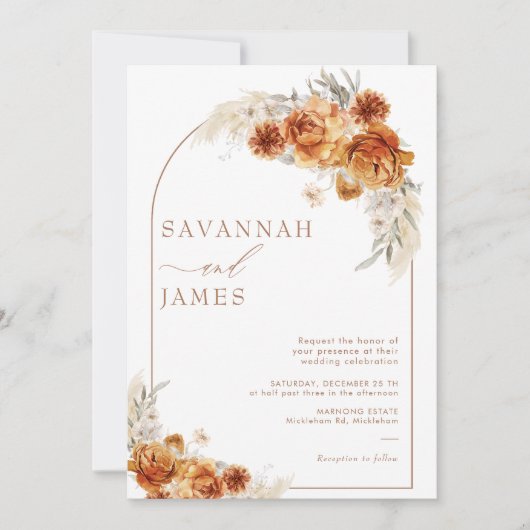 Boho Burnt Orange Arch Wedding Einladung (Vorderseite)