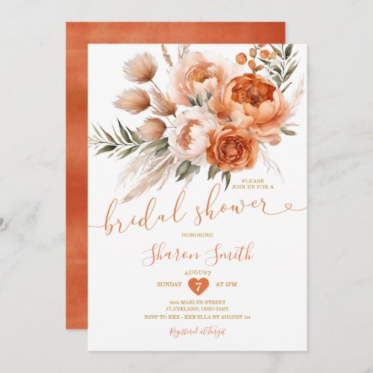 Boho Burnt Orange Coral Blume Brautparty Einladung (Vorne/Hinten)