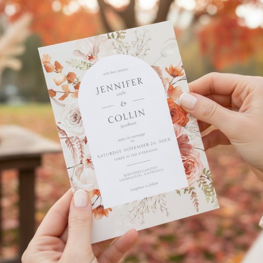 Boho Burnt Orange Fall Floral Arch Monogram Beige Einladung