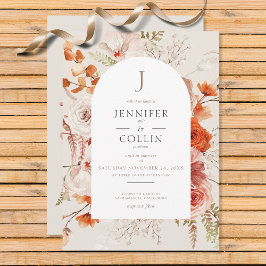 Boho Burnt Orange Fall Floral Arch Monogram Beige Einladung
