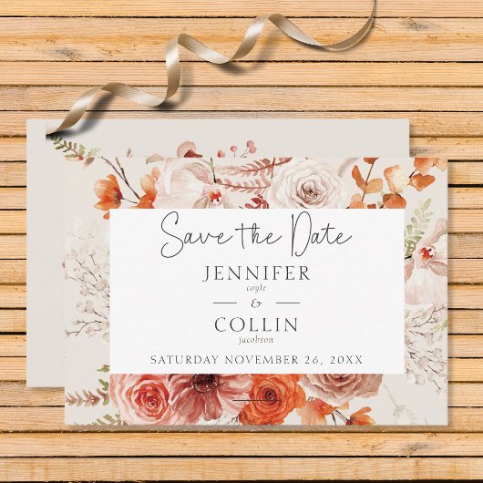 Boho Burnt Orange Fall Floral Arch Monogram Beige Save The Date