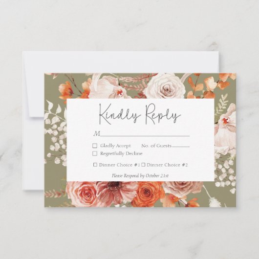 Boho Burnt Orange Fall Floral Monogramm Sage RSVP Karte (Vorderseite)