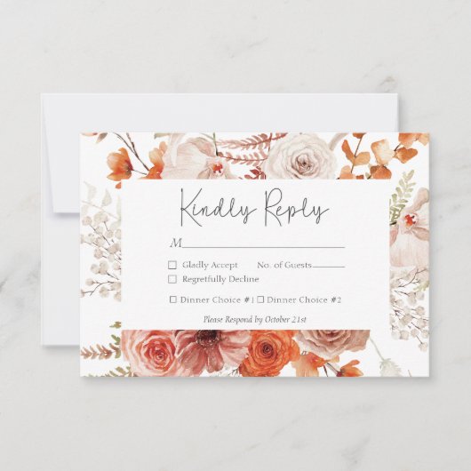 Boho Burnt Orange Fall Floral Monogramm weiß RSVP Karte (Vorderseite)