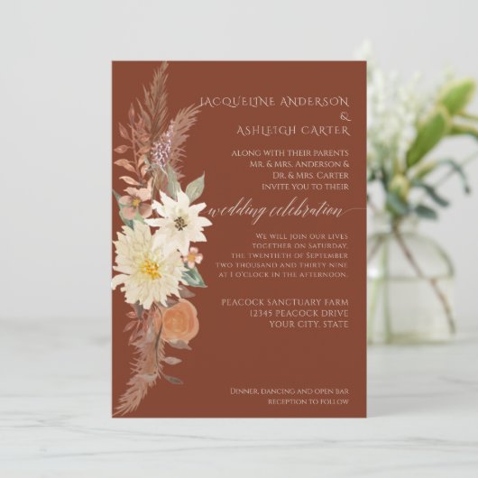 BOHO Burnt Orange Fall Floral Pampas Grass Elegant Einladung (Stehend Vorderseite)