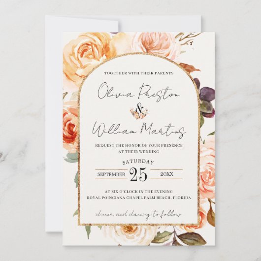 Boho Burnt Orange Floral Arch QR Code UAWG Wedding Einladung (Vorderseite)