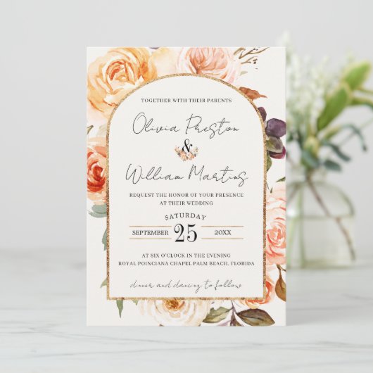 Boho Burnt Orange Floral Arch QR Code UAWG Wedding Einladung (Stehend Vorderseite)