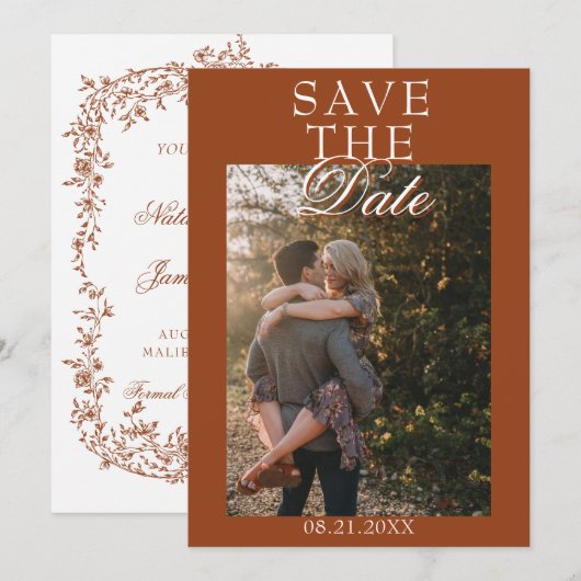 Boho Burnt Orange Floral Botanical Photo Wedding Save The Date (Vorne/Hinten)