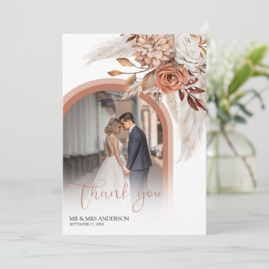 Boho Burnt Orange Floral & Pampas Foto Vielen Dank Dankeskarte (Stehend Vorderseite)
