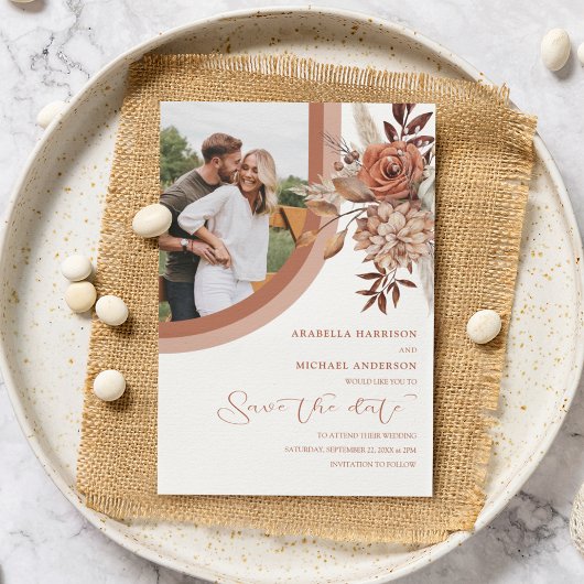 Boho Burnt Orange Floral & Pampas Grass Wedding Save The Date