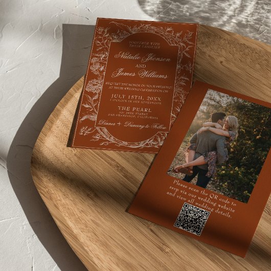 Boho Burnt Orange Floral QR Code Foto Hochzeit Einladung