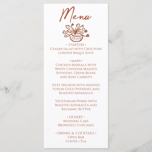 Boho Burnt Orange Hand Drawn Floral Wedding Menu Menükarte (Vorderseite)
