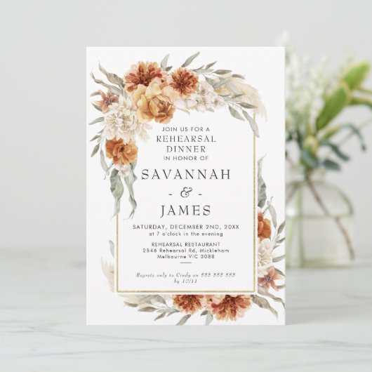 Boho Burnt Orange Probe Abendessen Einladung (Stehend Vorderseite)