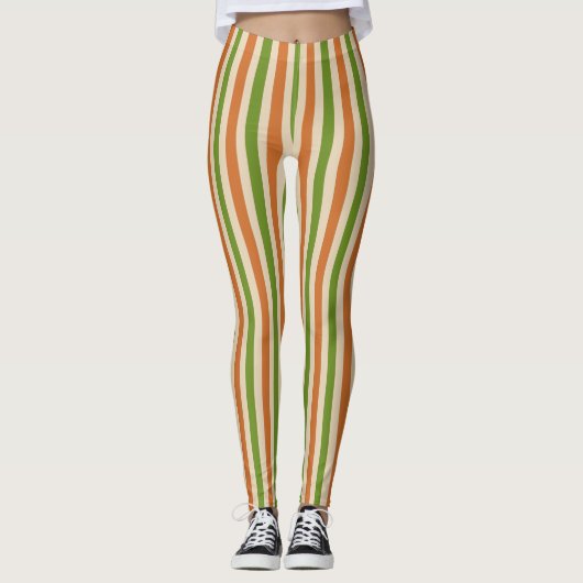 Boho Burnt Orange Sage Green Retro Striped Leggings (Vorderseite)