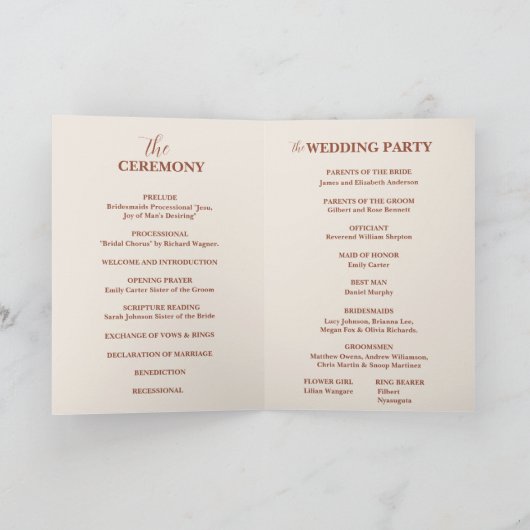 Boho Burnt Orange Terracotta Rustikale Hochzeit Programm (Innenseite)