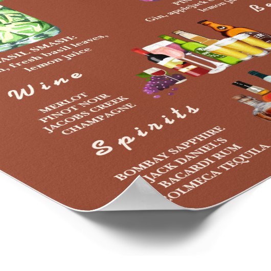 Boho Burnt Orange Terracotta Wedding Bar Menu Poster (Ecke)