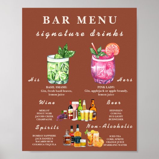 Boho Burnt Orange Terracotta Wedding Bar Menu Poster (Vorne)