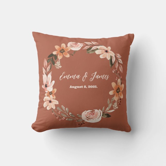 Boho Burnt Orange Watercolor Floral Personalisiert Kissen (Vorderseite)