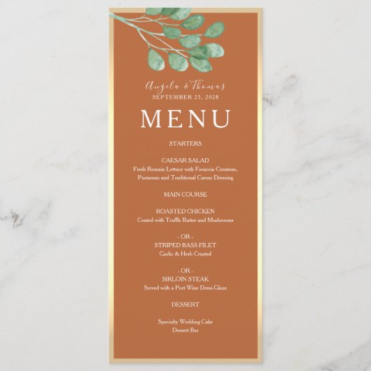 Boho Burnt Orange Wedding Menükarte (Vorderseite)