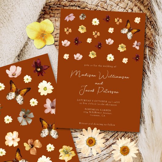 Boho Burnt Orange Wildblume Hochzeit Einladung