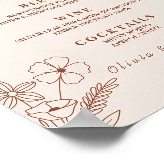 Boho Burnt Orange Wildblumen Wedding Bar Menu Poster (Ecke)