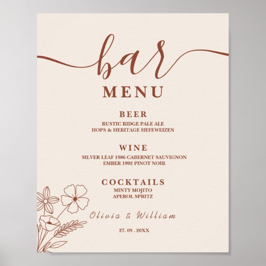 Boho Burnt Orange Wildblumen Wedding Bar Menu Poster (Vorne)