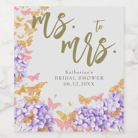 Boho Butterflies Hydrangeas Lila Brautparty Weinetikett (Einzelnes Label)