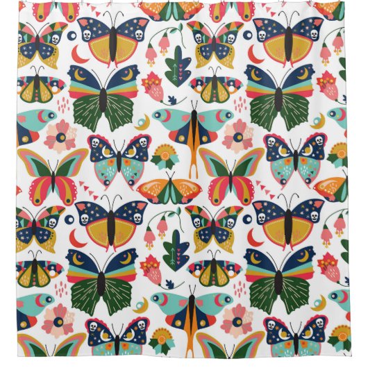 Boho Butterflies: Nahtloses Tapetenmuster. Duschvorhang (Vorderseite)