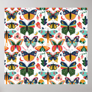 Boho Butterflies: Nahtloses Tapetenmuster. Poster