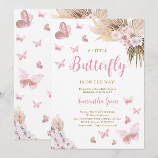 Boho Butterfly Baby Dusche Einladung (Vorne/Hinten)