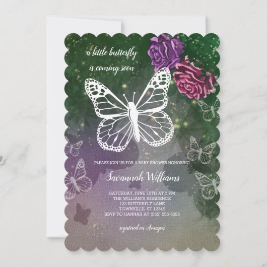 Boho Butterfly Babydusche Blütenrosa Lila Einladung (Vorderseite)
