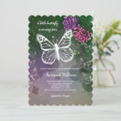 Boho Butterfly Babydusche Blütenrosa Lila Einladung (Stehend Vorderseite)