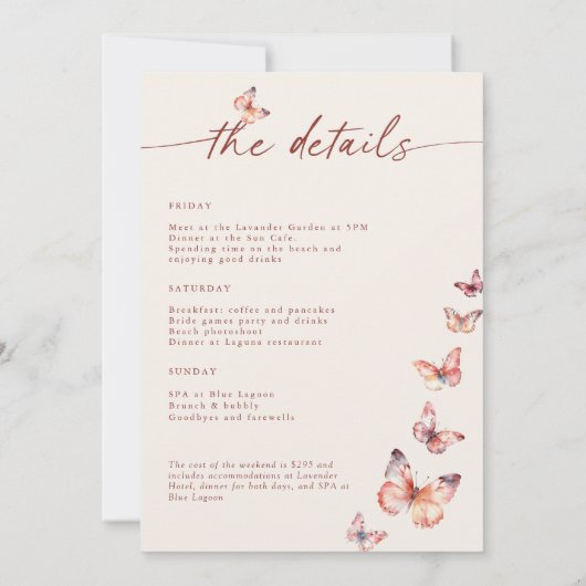 Boho Butterfly Bachelorette Wochenende Itinerary Einladung (Rückseite)