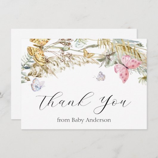 Boho Butterfly Dusche Danke, Note Card Mitteilungskarte (Vorne/Hinten)