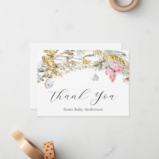 Boho Butterfly Dusche Danke, Note Card Mitteilungskarte (Vorderseite/Rückseite Beispiel)