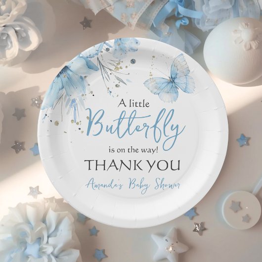 Boho Butterfly Floral Blue Boy Baby Shower Pappteller