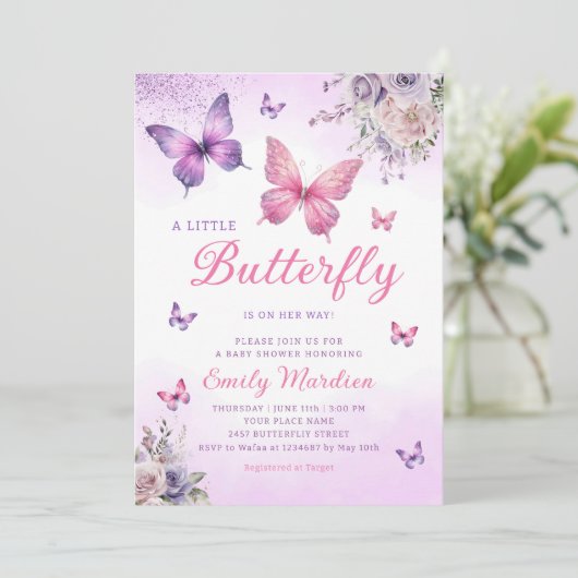 Boho Butterfly Girl Dusche Lila Blütenrosa Einladung (Stehend Vorderseite)