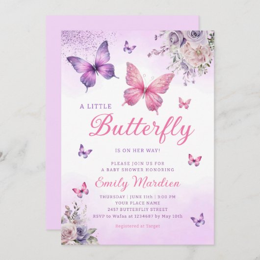 Boho Butterfly Girl Dusche Lila Blütenrosa Einladung (Vorne/Hinten)