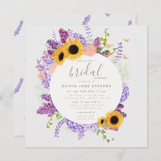 Boho Butterfly Sonnenblume Lilac Flora Brautparty Einladung (Vorne/Hinten)